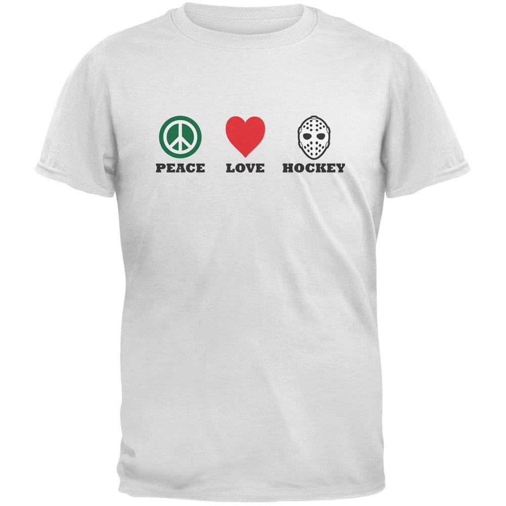 Peace Love Hockey White Adult T-Shirt Men's T-Shirts Old Glory 2XL White
