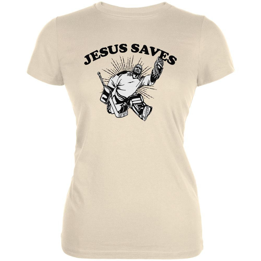 Jesus Saves Hockey Cream Juniors Soft T-Shirt Juniors T-Shirts Old Glory 2XL Off-White