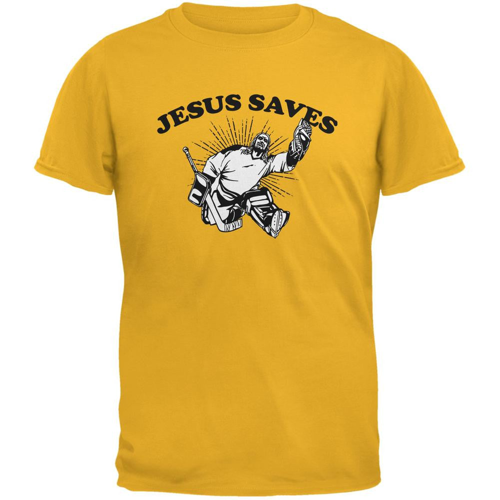Jesus Saves Hockey Gold Adult T-Shirt Men's T-Shirts Old Glory 2XL Yellow