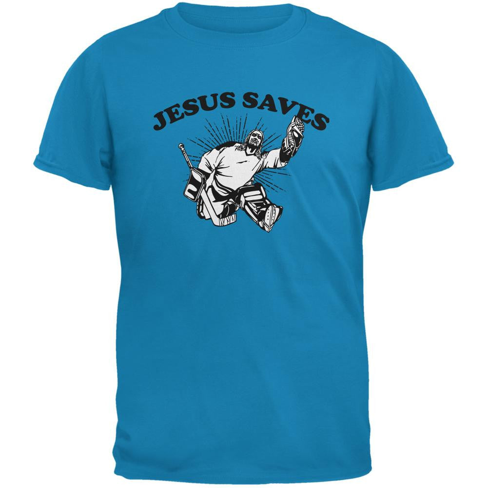 Jesus Saves Hockey Sapphire Blue Adult T-Shirt Men's T-Shirts Old Glory 2XL Blue
