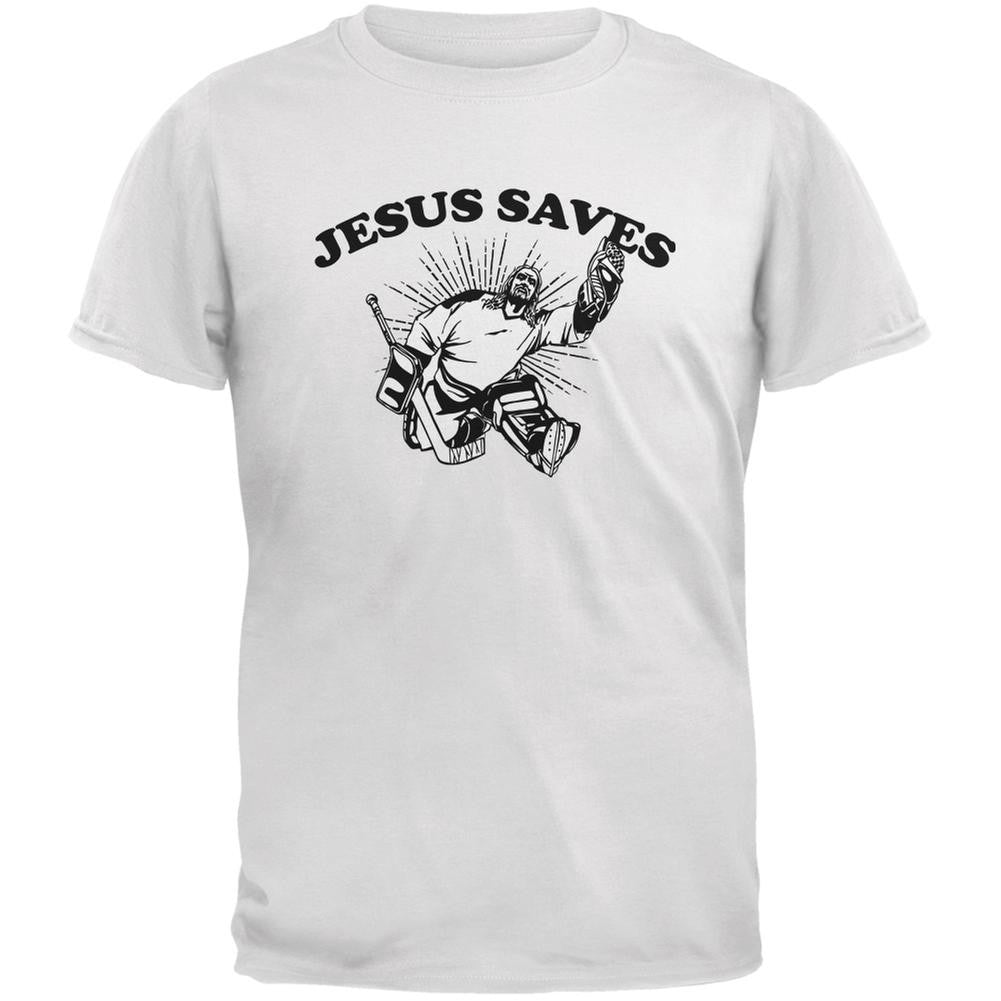 Jesus Saves Hockey White Adult T-Shirt Men's T-Shirts Old Glory 2XL White
