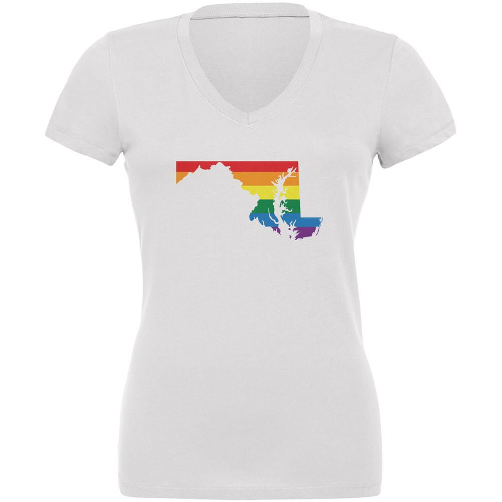 Maryland LGBT Gay Pride Rainbow White Juniors V-Neck T-Shirt Juniors V-Neck T-Shirts Old Glory 2XL White