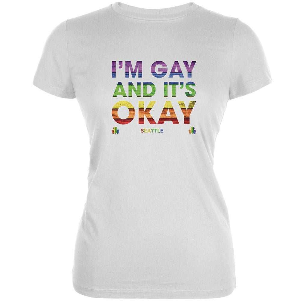 LGBT Gay Pride It's Okay I'm Gay Seattle White Juniors Soft T-Shirt Juniors T-Shirts Old Glory 2XL White