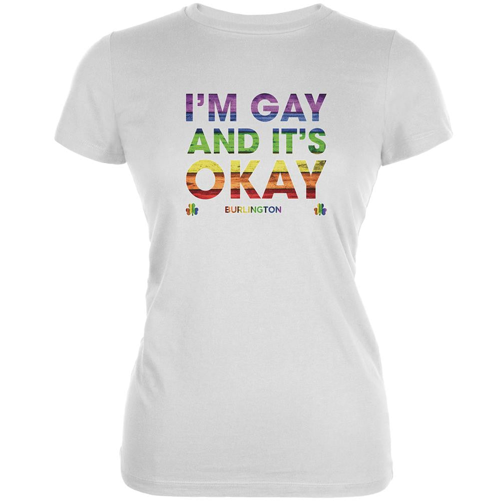 LGBT Gay Pride It's Okay I'm Gay Burlington White Juniors Soft T-Shirt Juniors T-Shirts Old Glory 2XL White