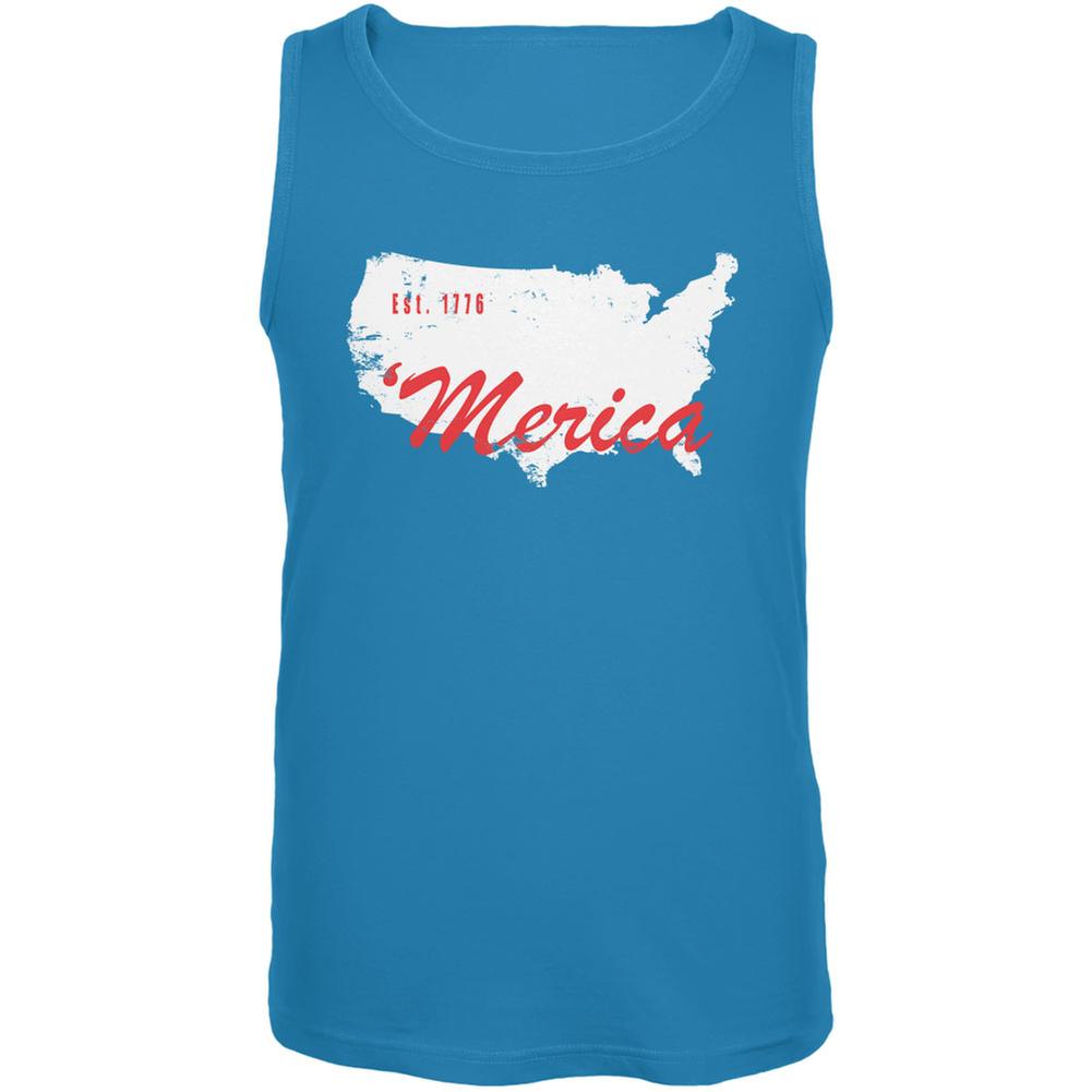 4th of July 'Merica Est 1776 Turquoise Adult Tank Top Men's Tank Tops Old Glory LG Blue