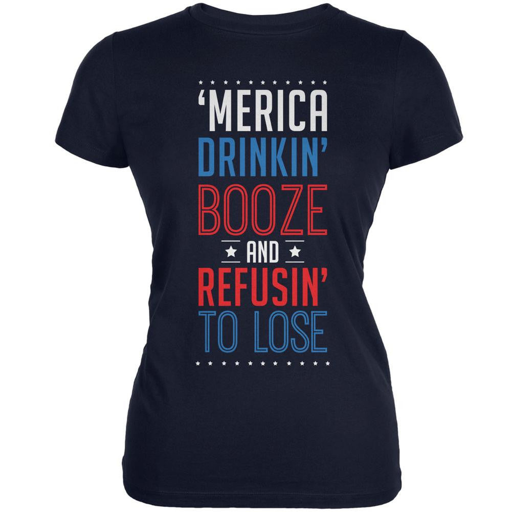 4th of July 'Merica Drinkin Booze Navy Juniors Soft T-Shirt Juniors T-Shirts Old Glory 2XL Blue