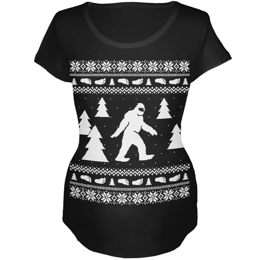 Sasquatch Ugly Christmas Sweater Black Maternity Soft T-Shirt Maternity T-Shirts Old Glory