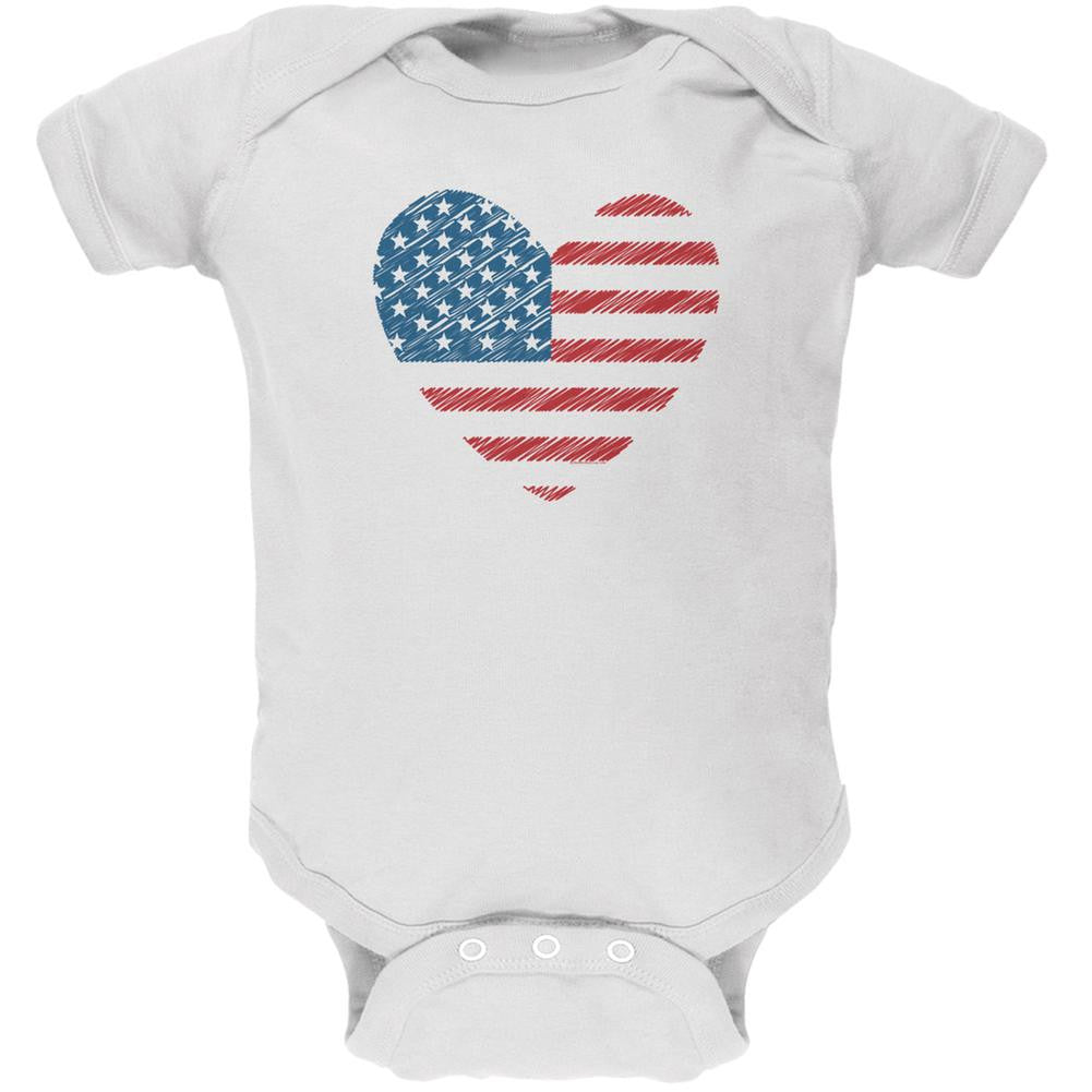 4th of July Scribble American Flag Heart White Soft Baby One Piece Baby One Piece Old Glory 0-3M White