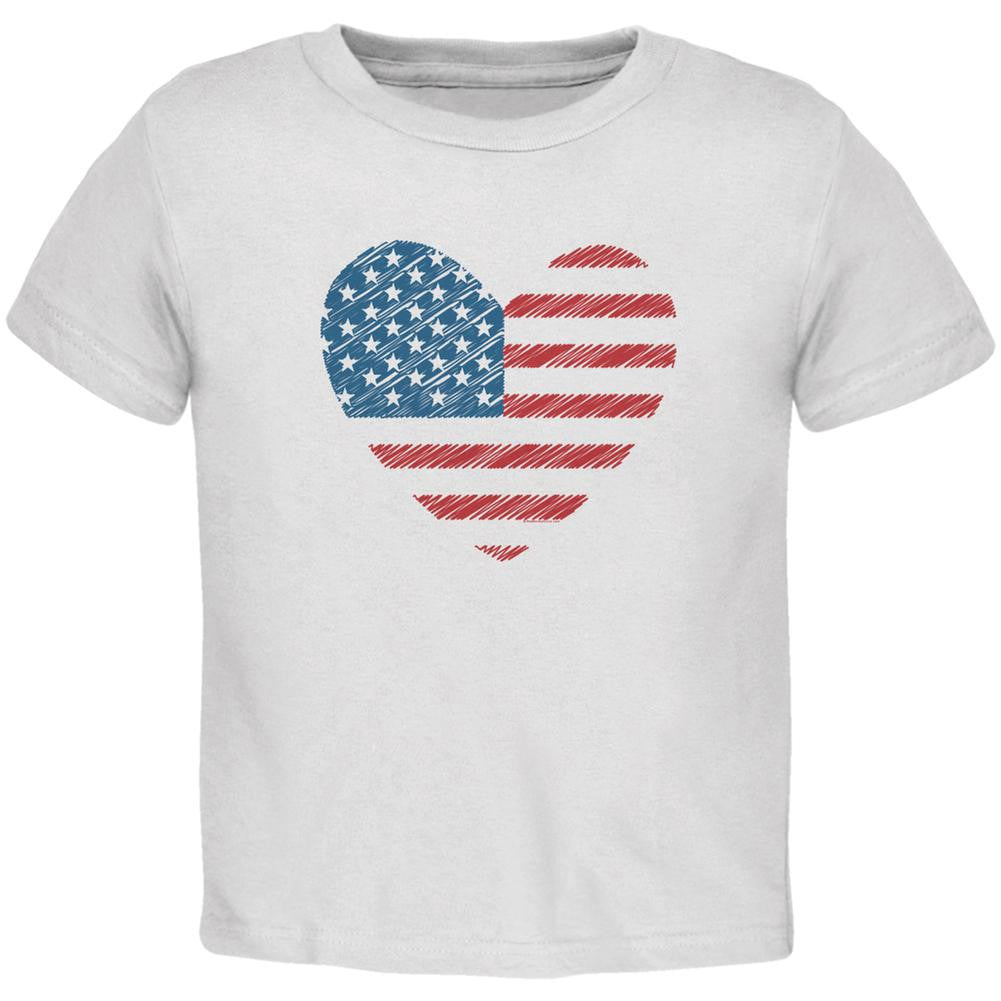 4th of July Scribble American Flag Heart White Toddler T-Shirt Toddler T-Shirts Old Glory 2T White