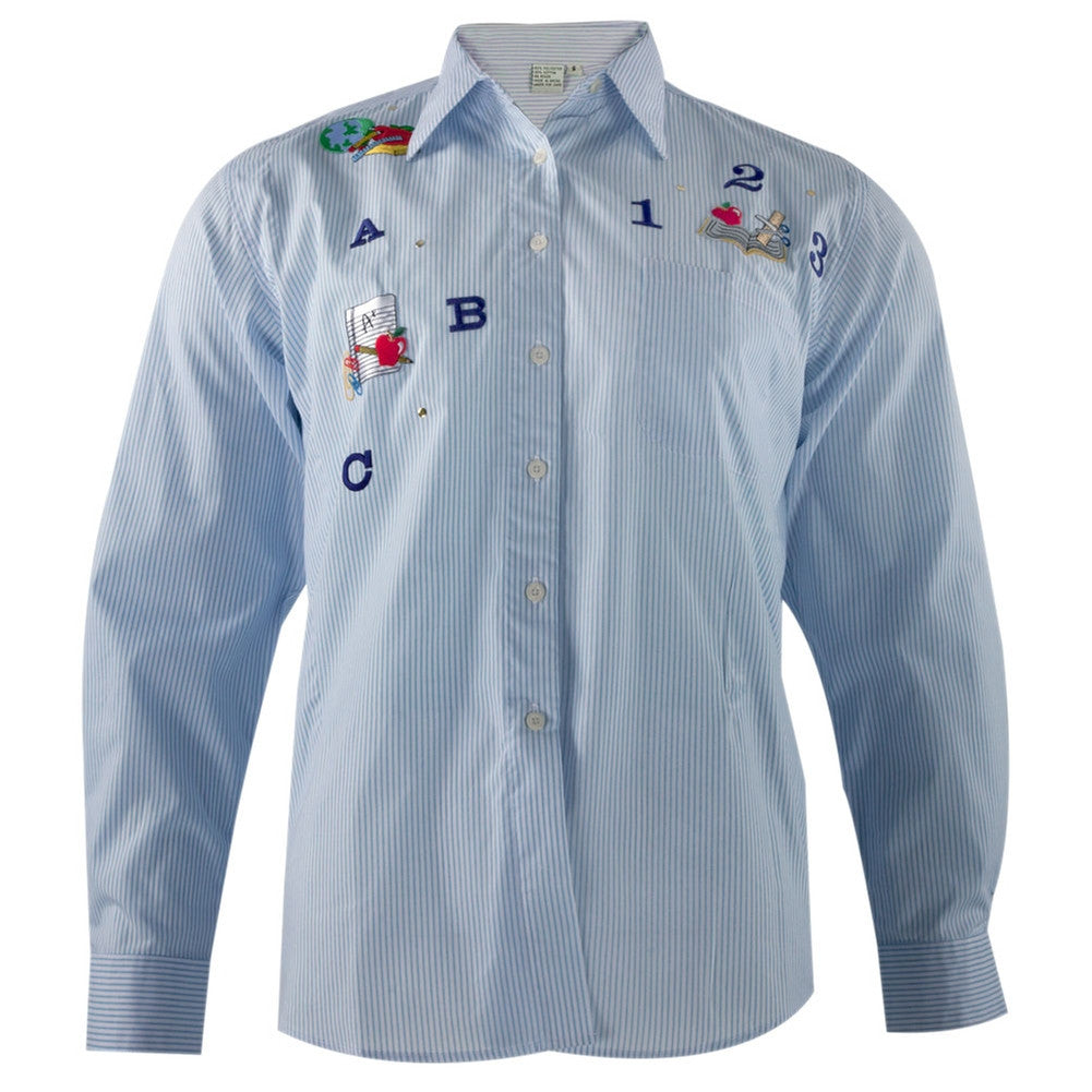Teacher's ABC 123 Patch Blue Adult Button-Up Long Sleeve T-Shirt Men's Dress Shirts Old Glory