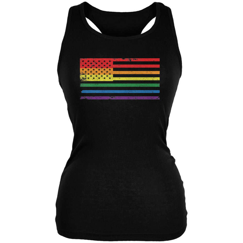 LGBT American Flag Distressed Black Juniors Soft Tank Top Juniors Tank Tops LGBT 2XL Black