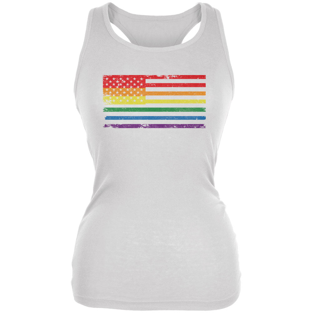 LGBT American Flag Distressed White Juniors Soft Tank Top Juniors Tank Tops LGBT 2XL White