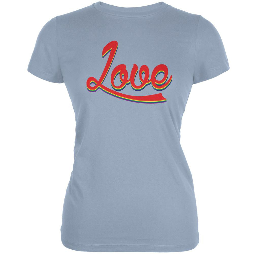 LGBT Script Love Rainbow Light Blue Juniors Soft T-Shirt Juniors T-Shirts Old Glory 2XL Blue