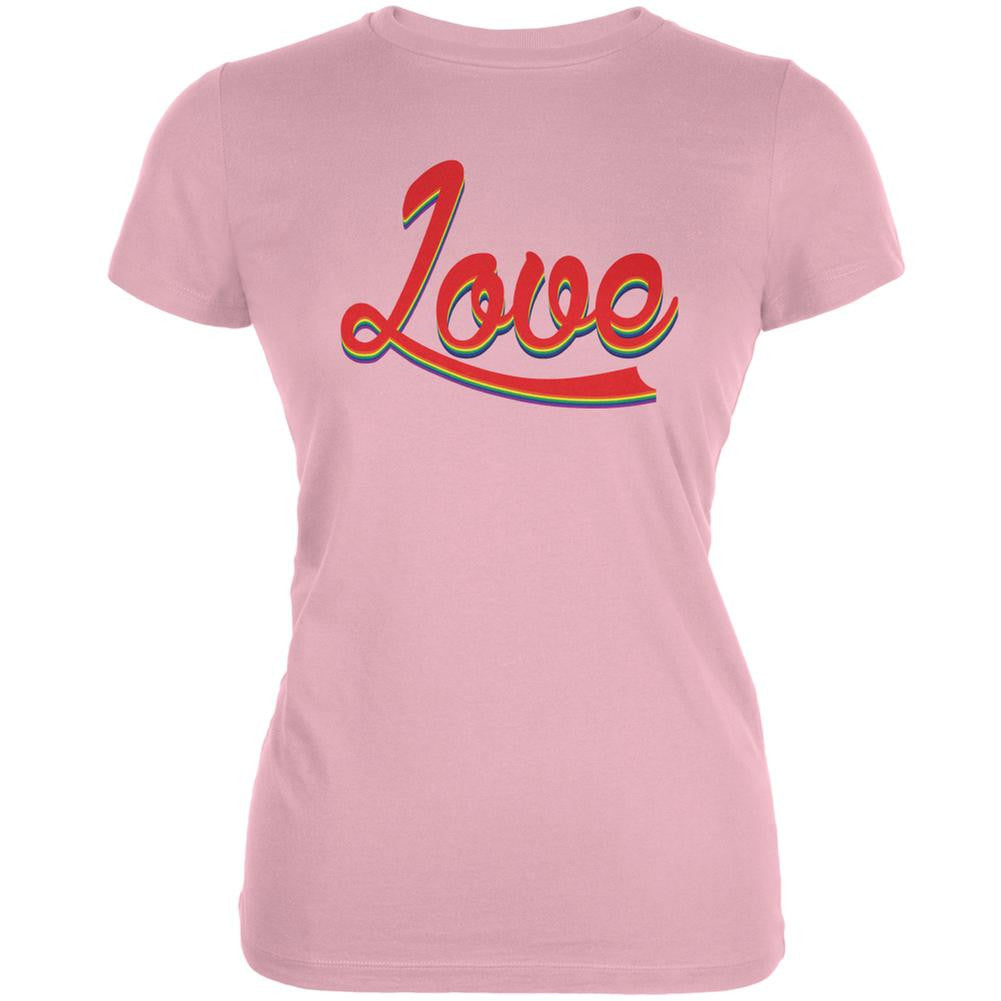 LGBT Script Love Rainbow Pink Juniors Soft T-Shirt Juniors T-Shirts Old Glory 2XL Pink
