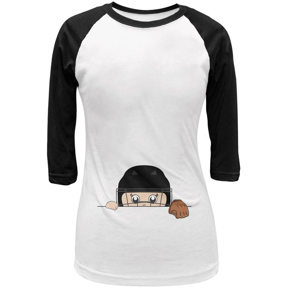 Peeking Baby Baseball Catcher Wht/Black Juniors 3/4 Raglan T-Shirt Juniors Raglans Old Glory LG White