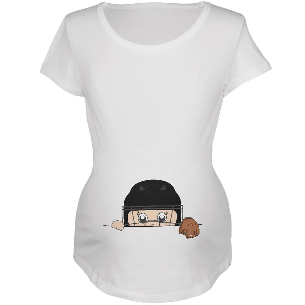 Summer Peeking Baby Baseball Catcher White Maternity Soft T-Shirt Maternity T-Shirts Old Glory 2XL White
