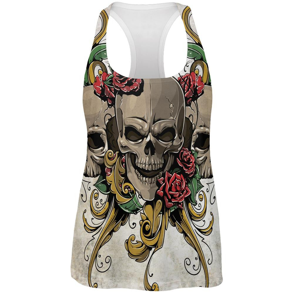Skulls and Roses Metal Tattoo All Over Womens Work Out Tank Top Women's Tank Tops Old Glory 2XL White