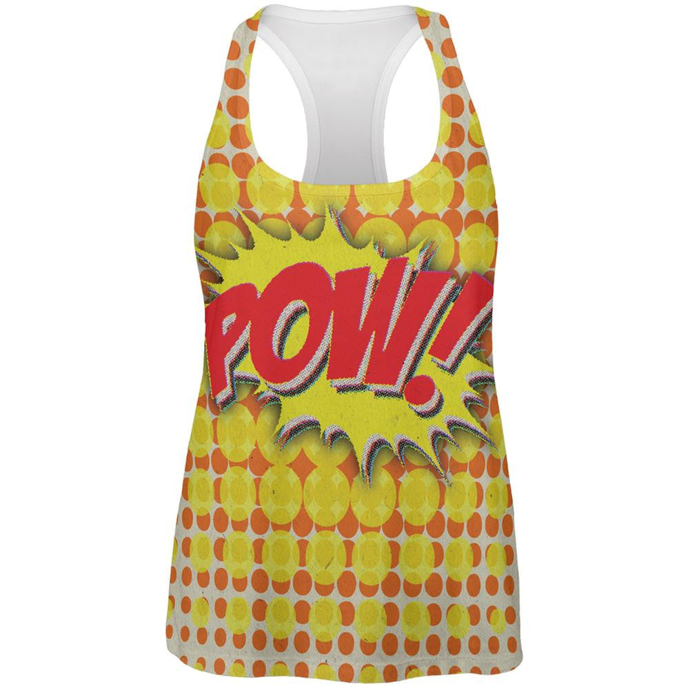 POW Comic Book Super Hero All Over Womens Work Out Tank Top Women's Tank Tops Old Glory SM White