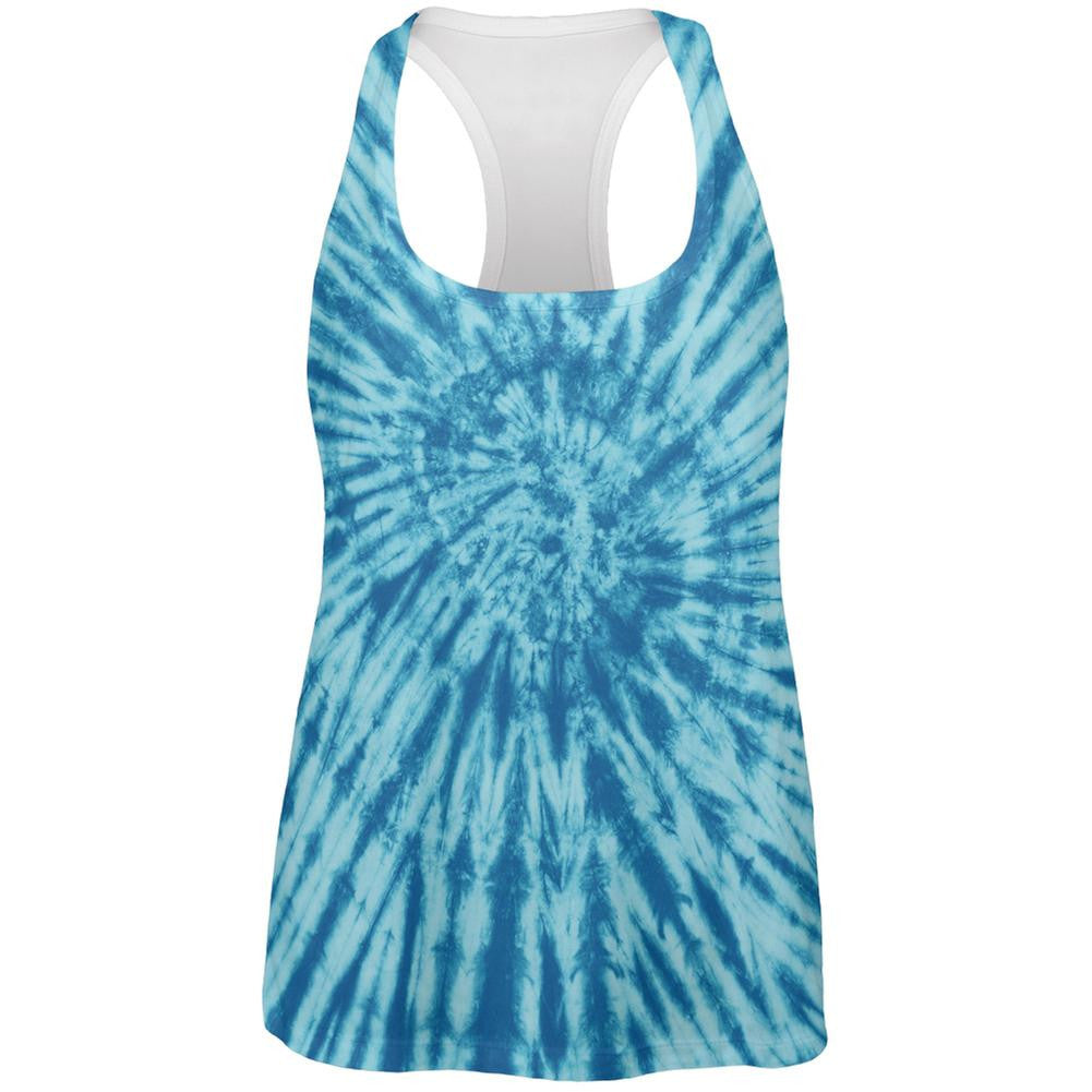 Blue Tie Dye All Over Womens Work Out Tank Top Women's Tank Tops Old Glory 2XL White