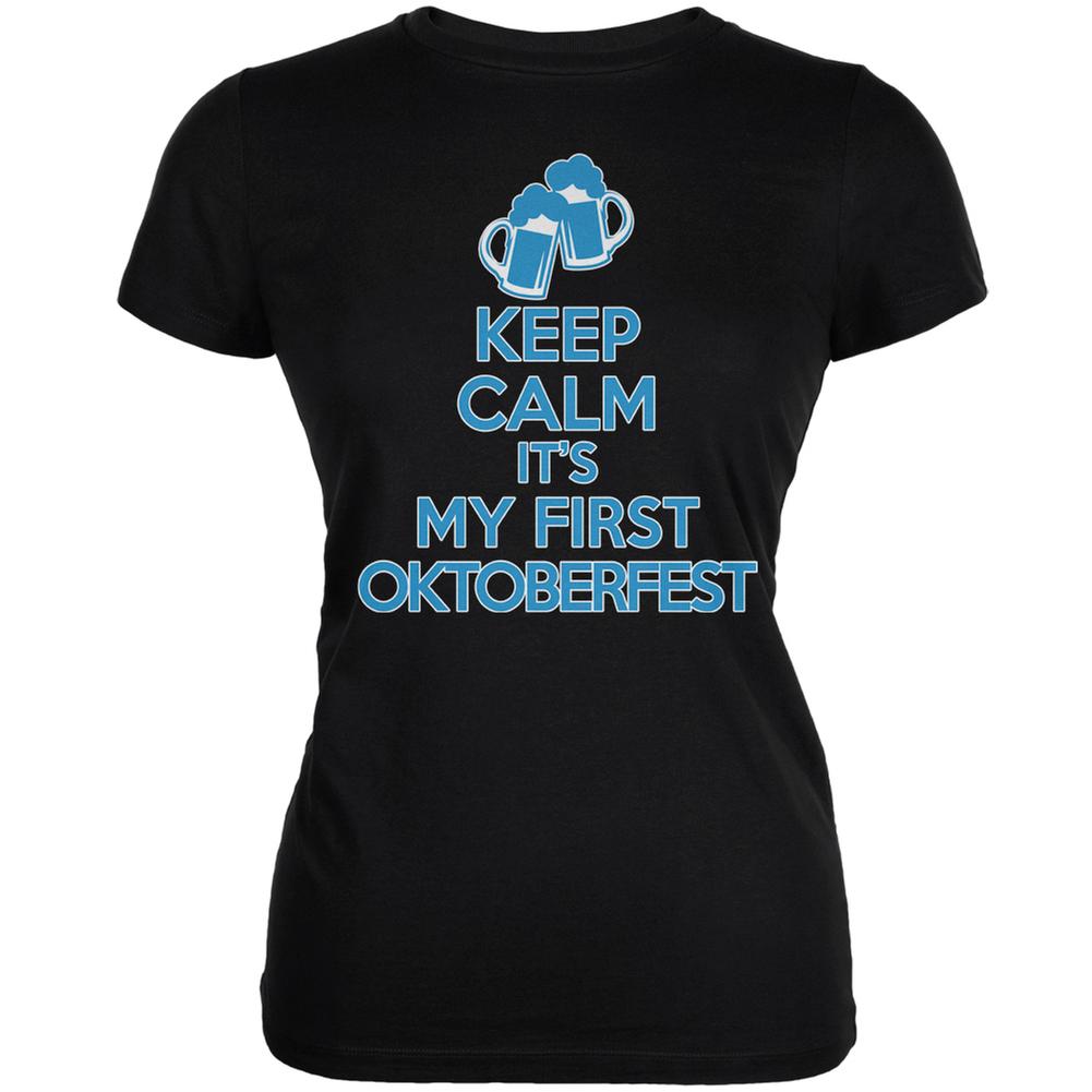 Oktoberfest Keep Calm First Funny Black Juniors Soft T-Shirt Juniors T-Shirts Old Glory 2XL Black