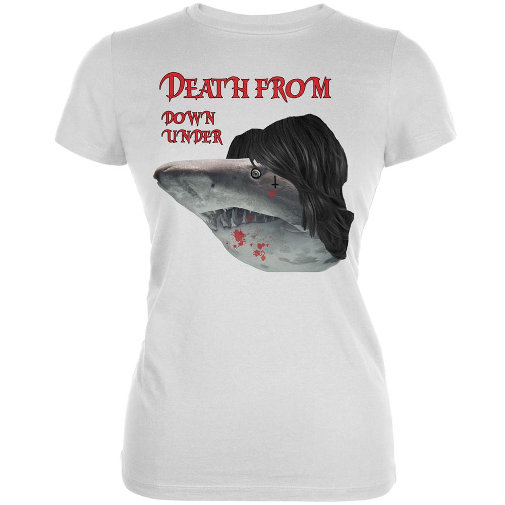 Death From Down Under Shark White Juniors Soft T-Shirt Juniors T-Shirts Old Glory 2XL White