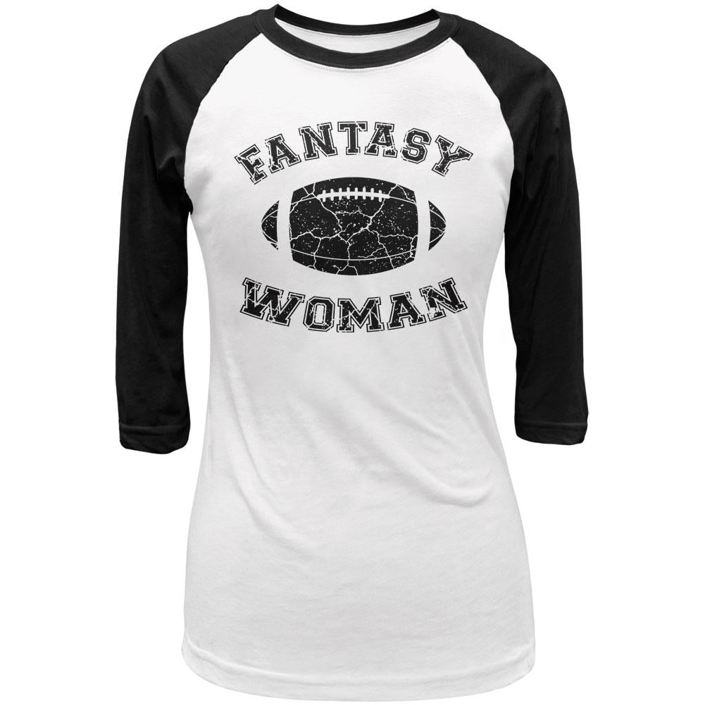 Fantasy Football Distressed Woman White/Black Juniors 3/4 Sleeve Raglan T-Shirt Juniors Raglans Old Glory LG Multi
