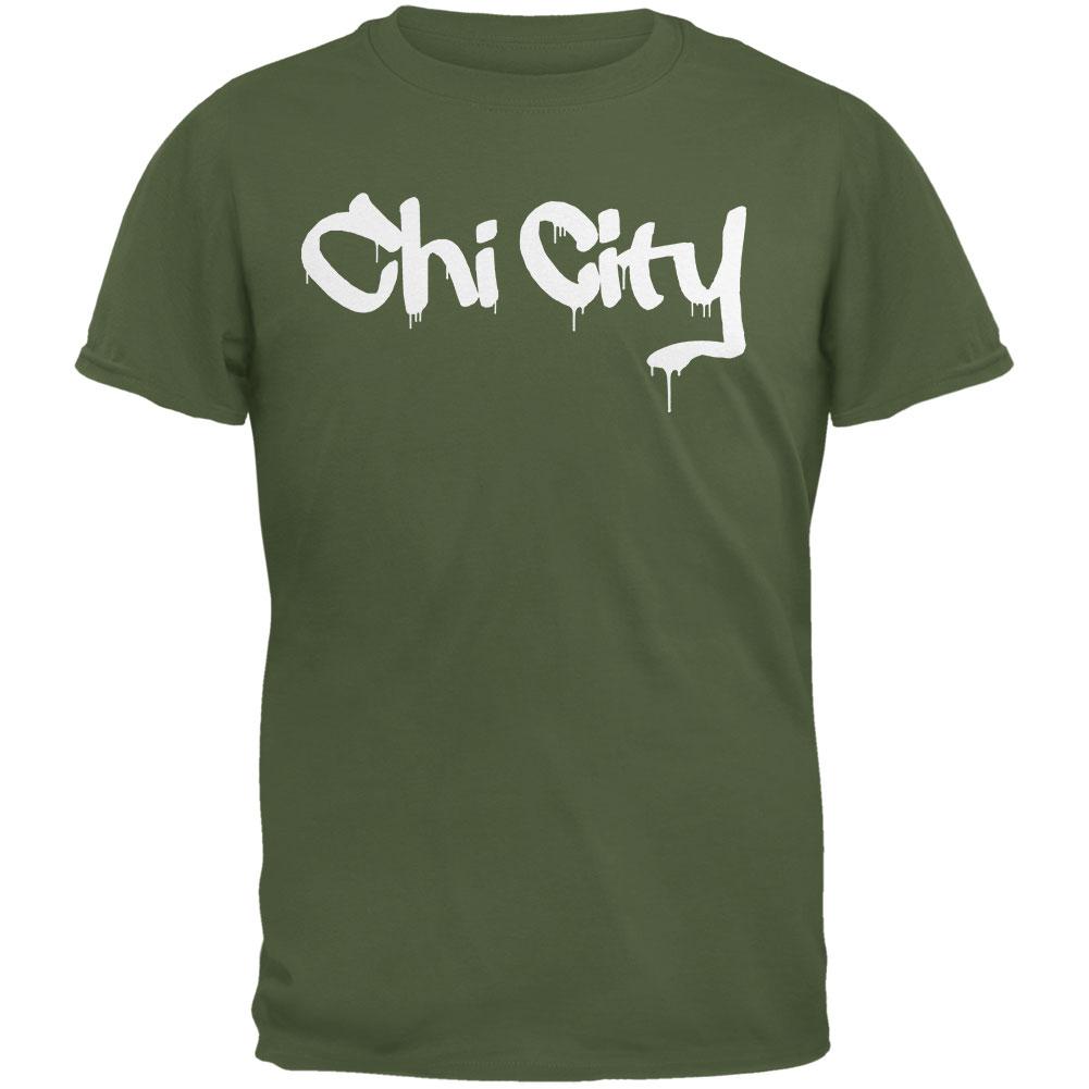 Chicago Chi City Graffiti Military Green Adult T-Shirt Men's T-Shirts Old Glory 2XL Green