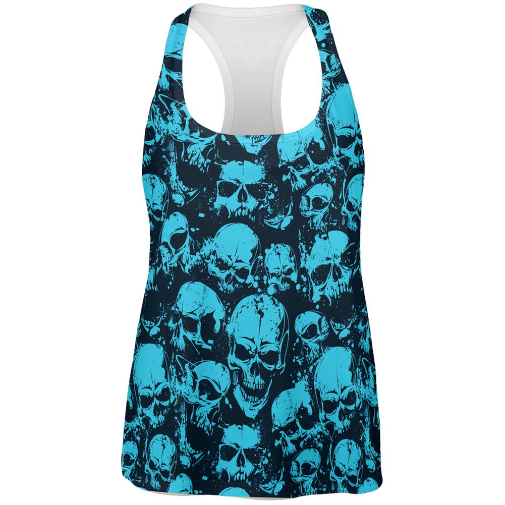 Blue Angry Skulls All Over Womens Racerback Tank Top Women's Tank Tops Old Glory 2XL White