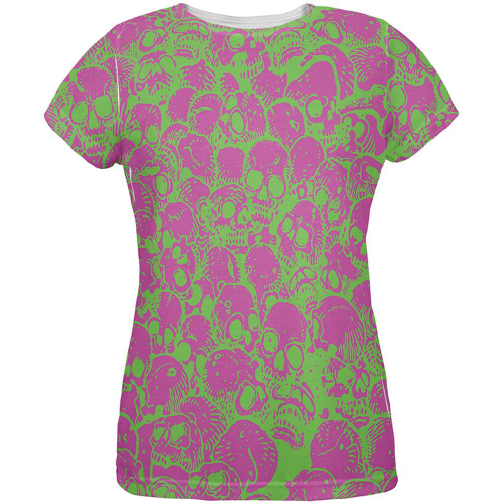 Green & Pink Skulls All Over Womens T-Shirt Women's T-Shirts Old Glory SM Multi