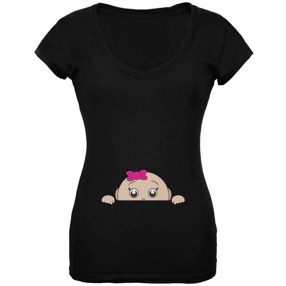 Peeking Baby Girl Black Juniors V-Neck T-Shirt Juniors V-Neck T-Shirts Old Glory