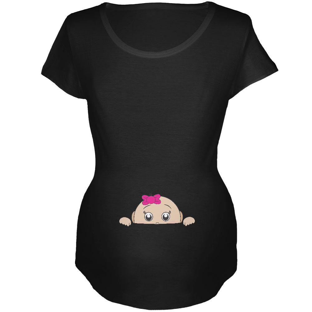 Peeking Baby Girl Black Maternity Soft T-Shirt Maternity T-Shirts Old Glory