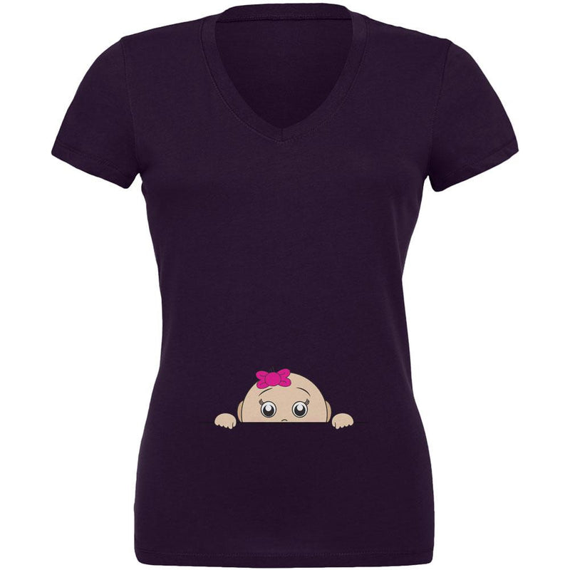 Peeking Baby Girl Black Juniors V-Neck T-Shirt Juniors V-Neck T-Shirts Old Glory
