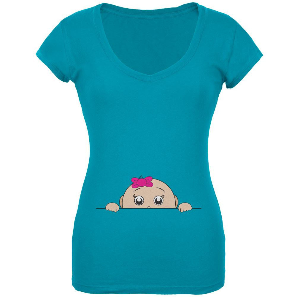 Peeking Baby Girl Black Juniors V-Neck T-Shirt Juniors V-Neck T-Shirts Old Glory