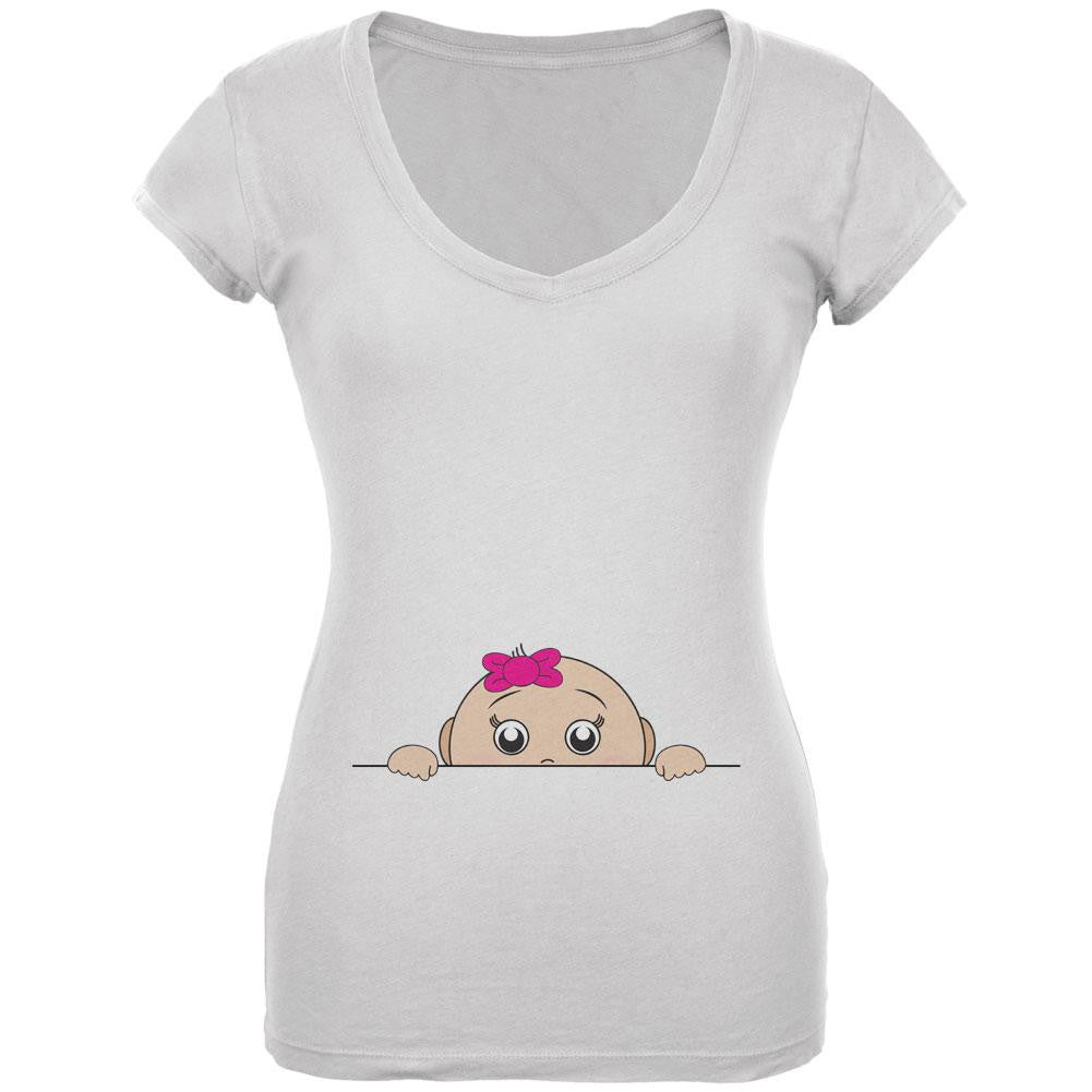 Peeking Baby Girl Black Juniors V-Neck T-Shirt Juniors V-Neck T-Shirts Old Glory