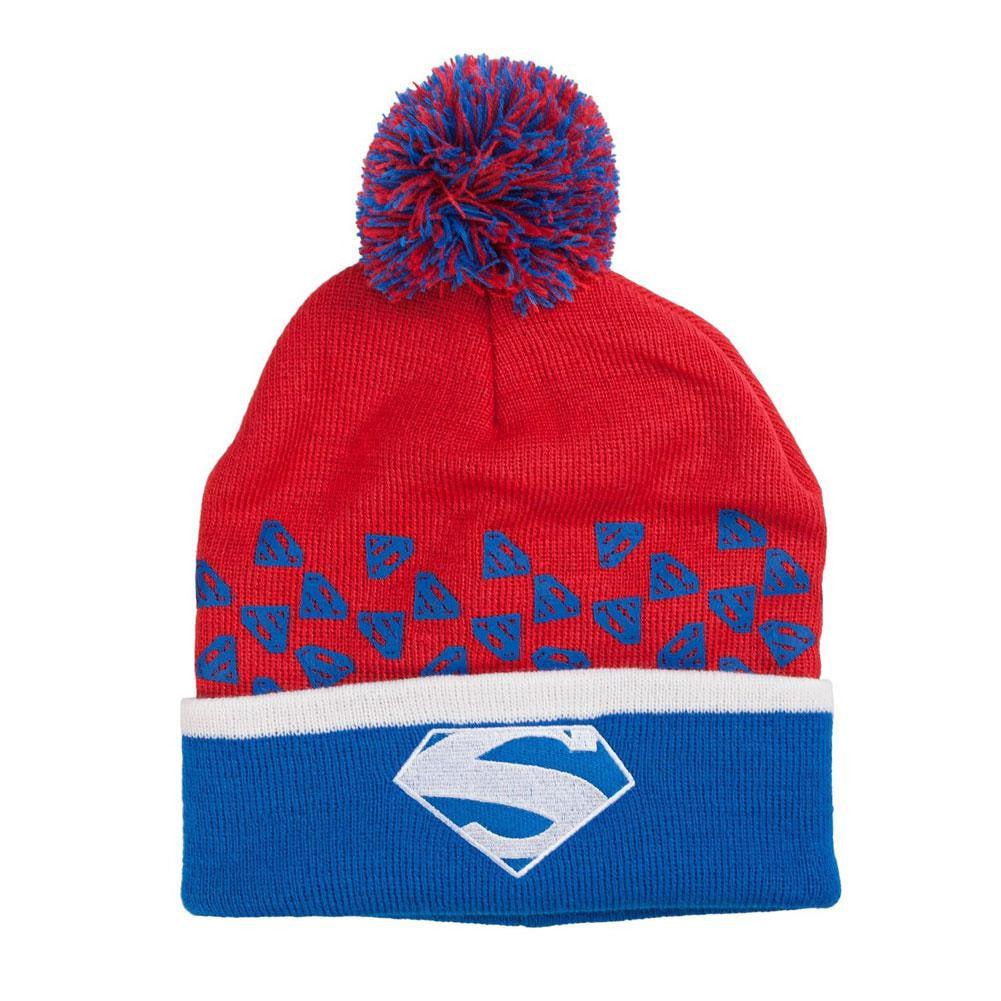 Superman Logo All-Over Adult Pom Pom Beanie Knit Hat Knit Hats Old Glory OS Red