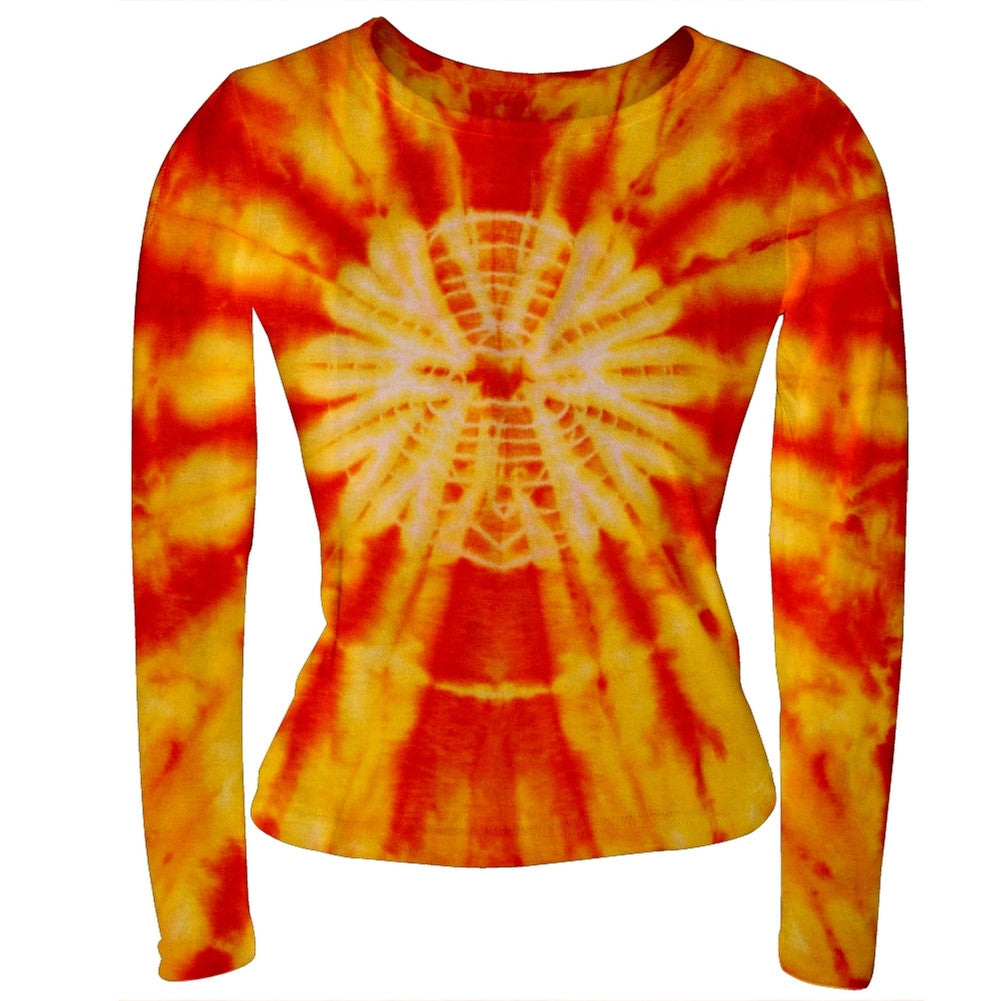 Orange Burst Tie-Dye Long Sleeve Junior's Babydoll Tee Juniors Babydolls Old Glory