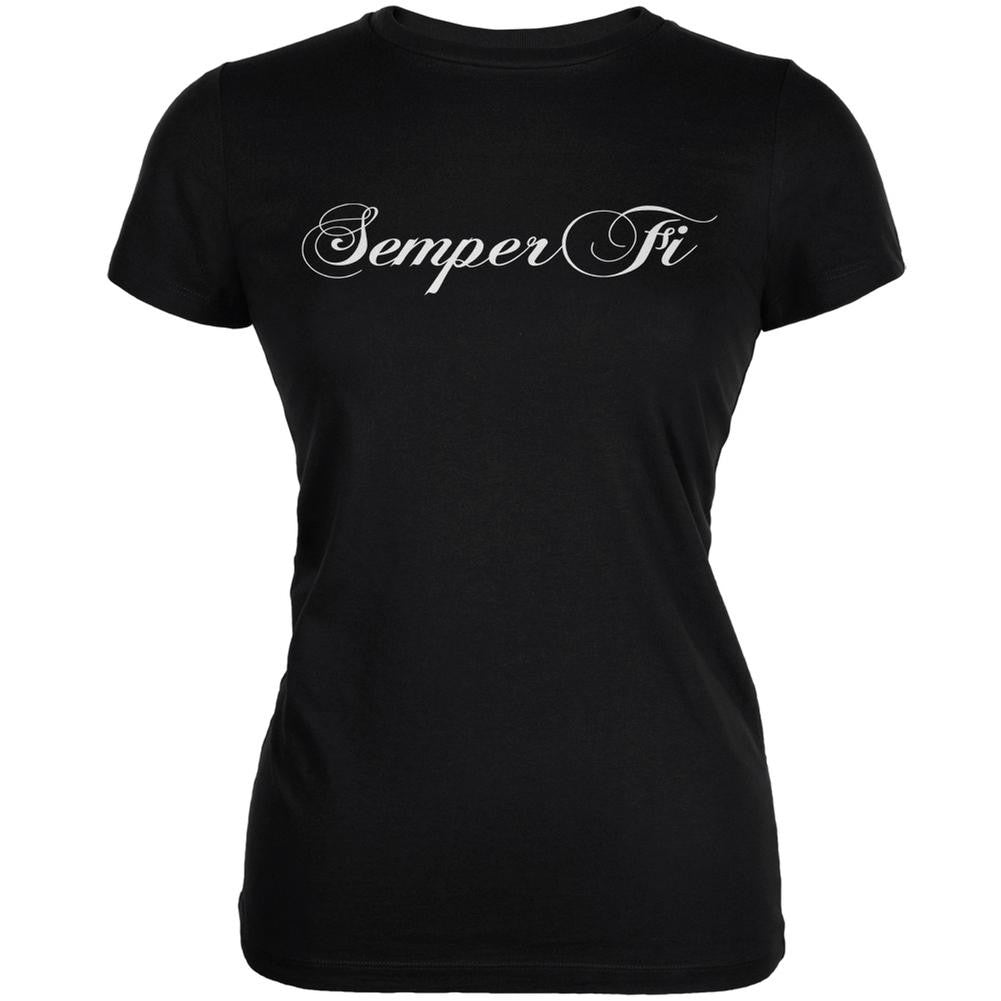 Semper Fi Script Black Juniors Soft T-Shirt Juniors T-Shirts Old Glory 2XL Black