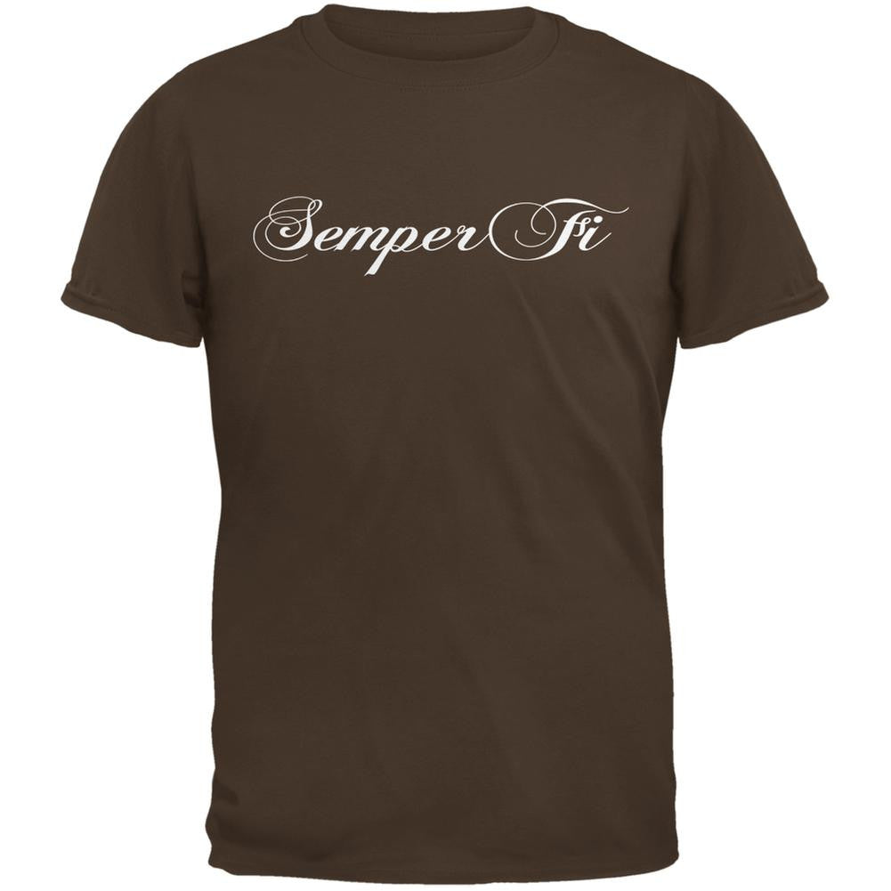 Semper Fi Script Brown Adult T-Shirt Men's T-Shirts Old Glory 2XL Brown