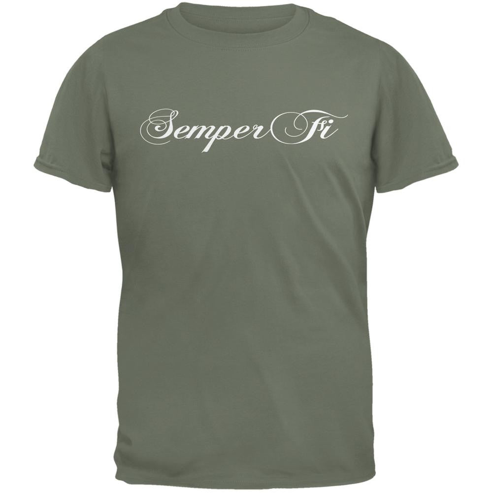 Semper Fi Script Military Green Adult T-Shirt Men's T-Shirts Old Glory 2XL Green