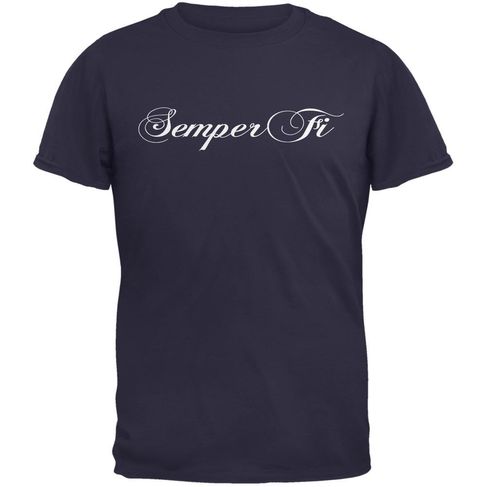 Semper Fi Script Navy Adult T-Shirt Men's T-Shirts Old Glory 2XL Blue