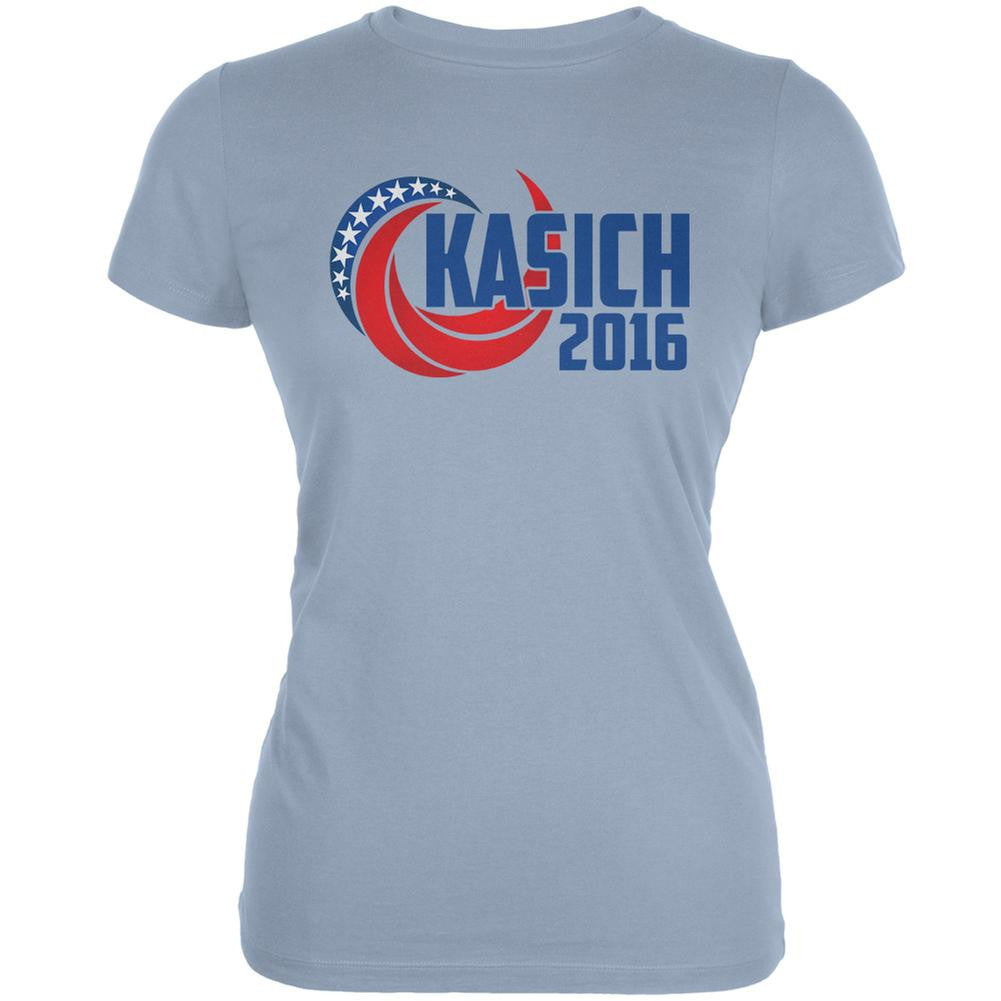 Election Kasich 2016 Swoosh Light Blue Juniors Soft T-Shirt Juniors T-Shirts Old Glory 2XL Blue