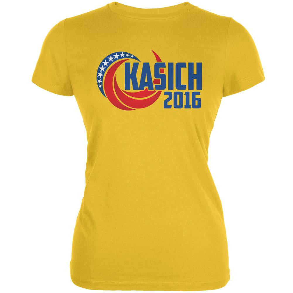 Election Kasich 2016 Swoosh Bright Yellow Juniors Soft T-Shirt Juniors T-Shirts Old Glory 2XL Yellow
