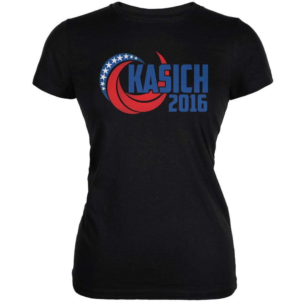 Election Kasich 2016 Swoosh Black Juniors Soft T-Shirt Juniors T-Shirts Old Glory 2XL Black