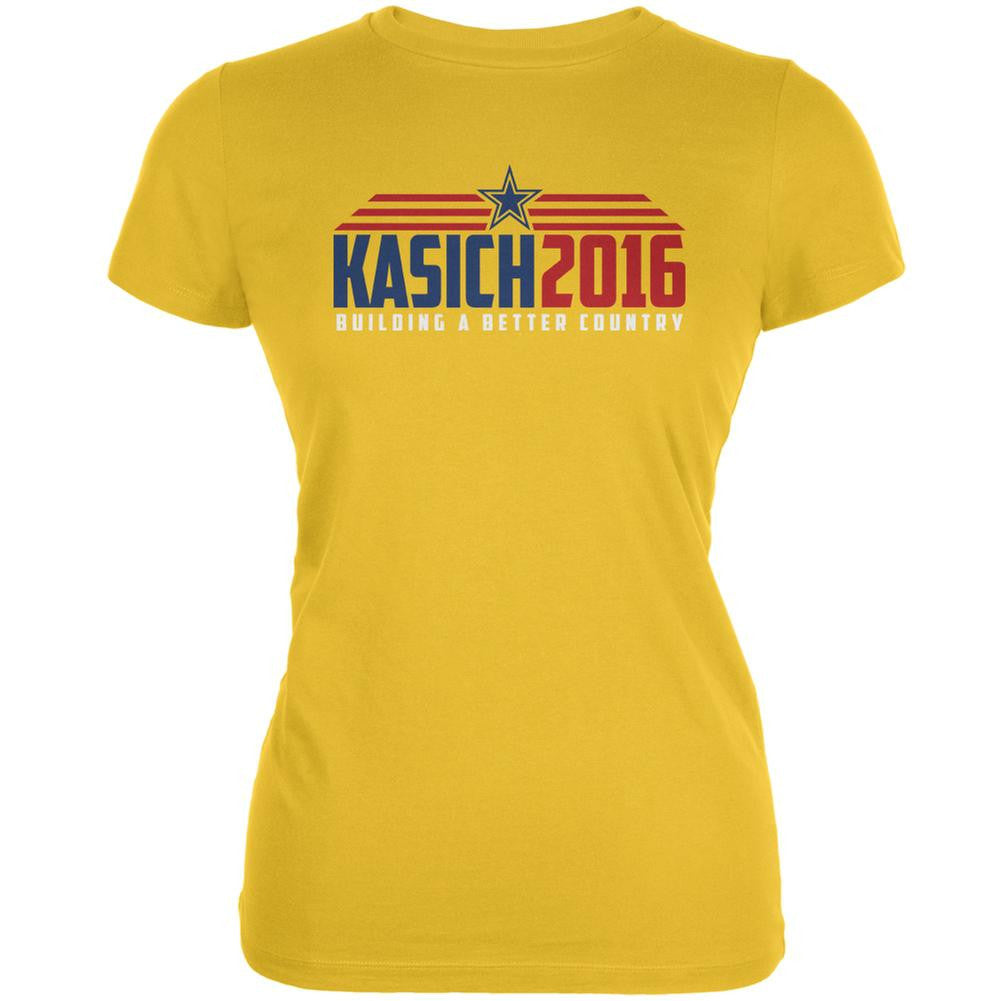 Election Kasich 2016 Building A Better Country Bright Yellow Juniors Soft T-Shirt Juniors T-Shirts Old Glory 2XL Yellow