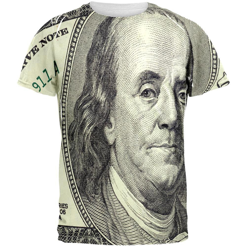 Ben Franklin Hundred Dollar Bill All Over Adult T-Shirt Men's T-Shirts Old Glory 2XL Multi