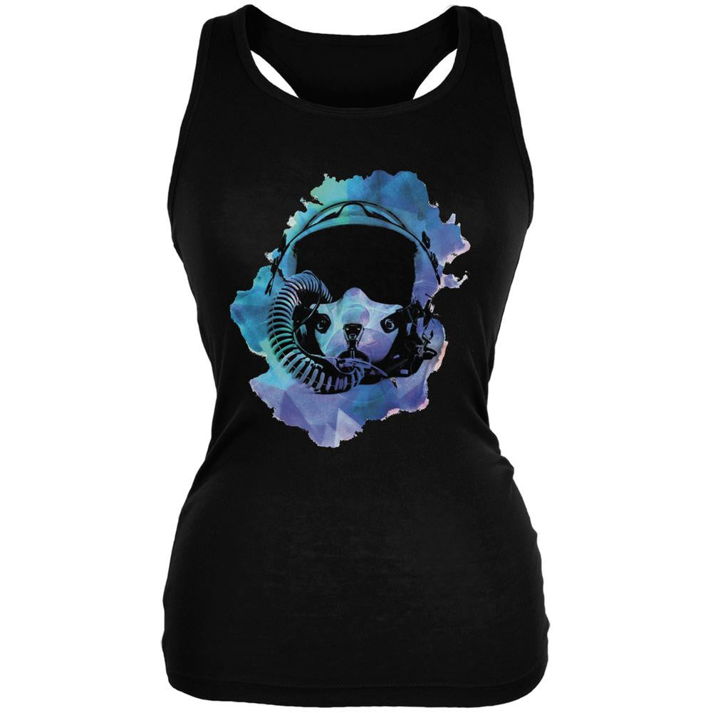 Fighter Pilot Helmet Hipster Watercolor Black Juniors Soft Tank Top Juniors Tank Tops Top Gun SM Black