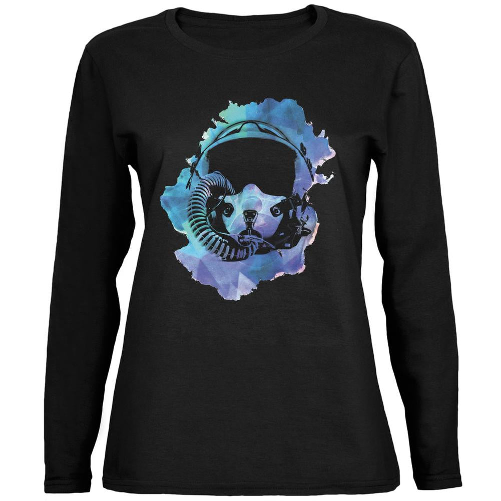 Fighter Pilot Helmet Hipster Watercolor Black Womens Long Sleeve T-Shirt Women's Long Sleeves Top Gun SM Black