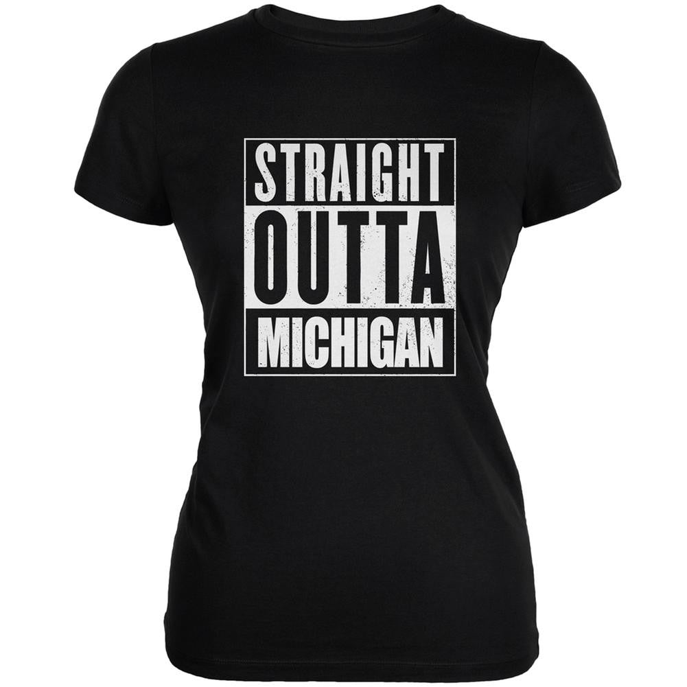 Straight Outta Michigan Black Juniors Soft T-Shirt Juniors T-Shirts Old Glory 2XL Black