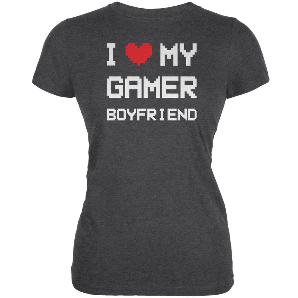 I Heart Love My Gamer Boyfriend Dark Heather Juniors Soft T-Shirt Juniors T-Shirts Old Glory 2XL Grey