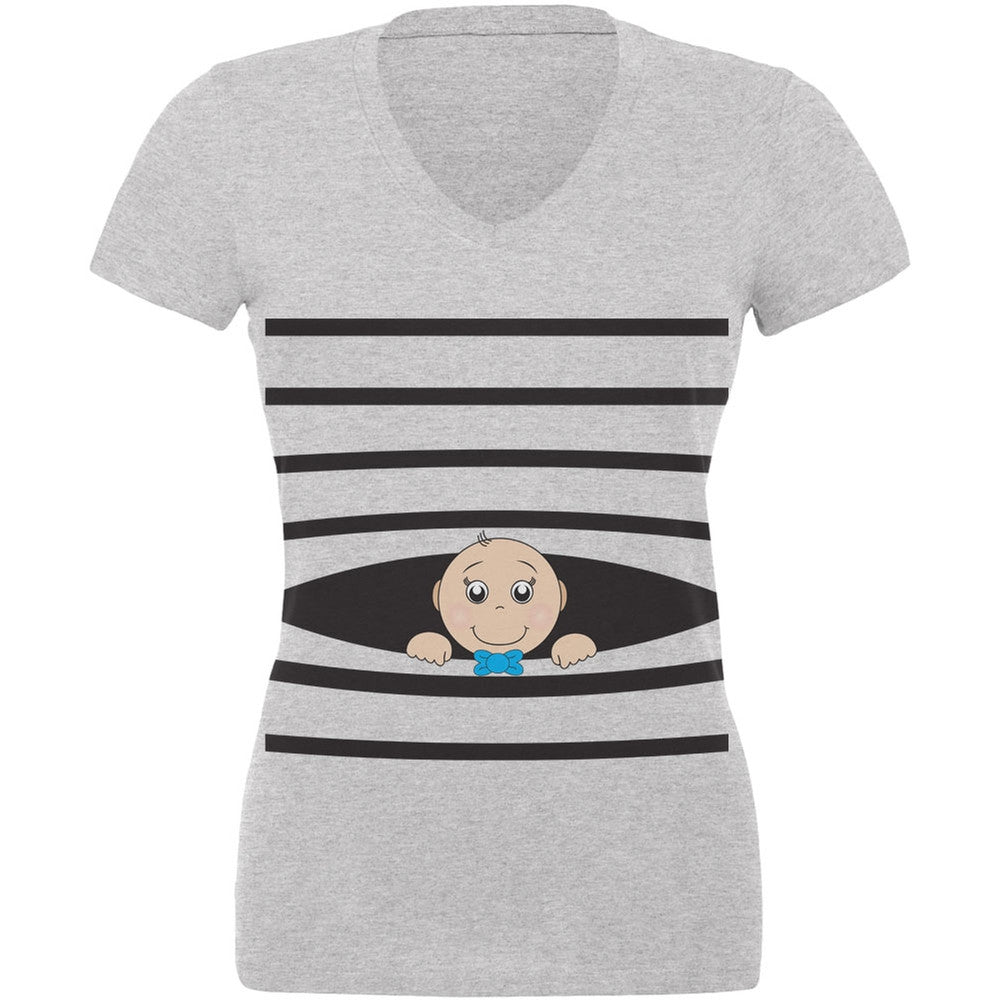 Striped Peeking Baby Boy Heather Juniors V-Neck T-Shirt Juniors V-Neck T-Shirts Old Glory